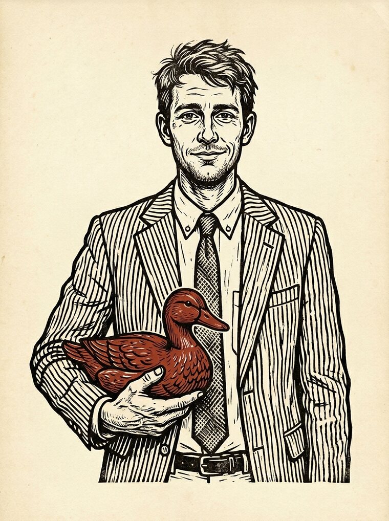 Woodcut portrait of Vernon “Possum” Tatum in a seersucker suit, holding a carved duck decoy
